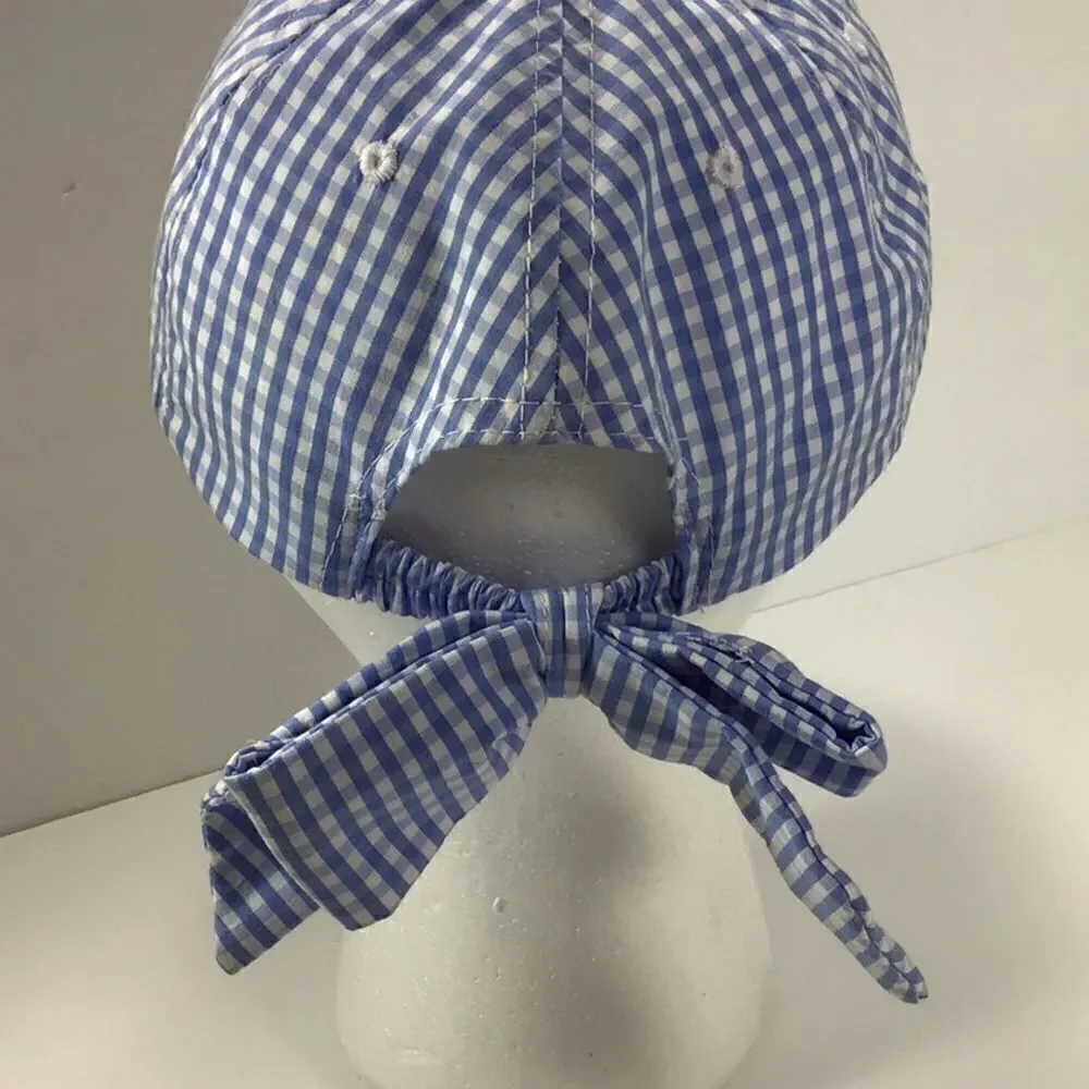 Baseball Cap BP New Blue White Gingham Check Baseball Hat Bow On Back O/S - Picture 3 of 5